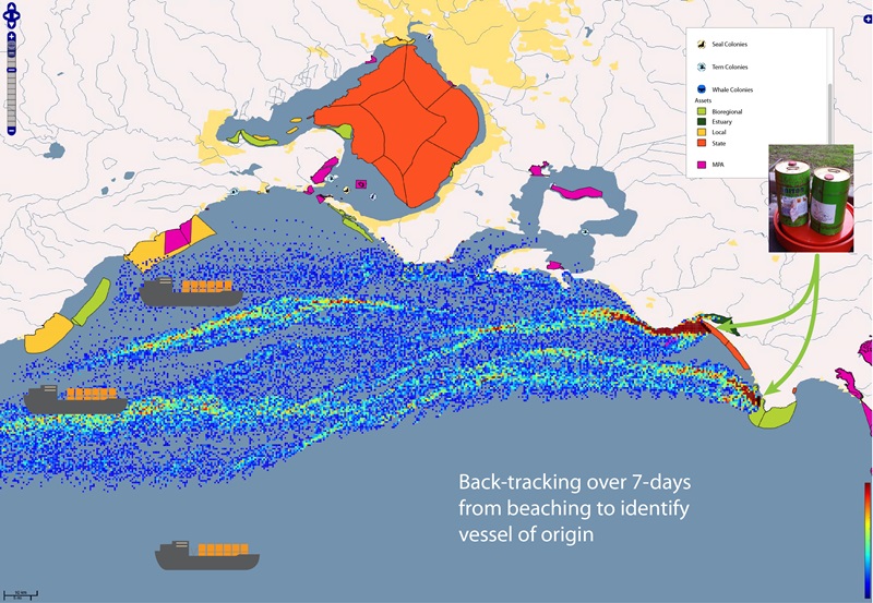 Figure shows ocean-current map and coloured plumes of possible oil-spill pathway from vessels along the southern Victorian coastline