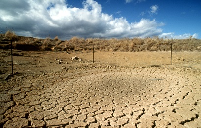 Dry dam bed during drought