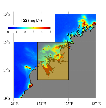 Map of north western West Australian coastline with colour grading identifying low to high turbidity. A yellow box is around the King Sound and Collier Bay region where the highest turbidity concentrations were observed. 