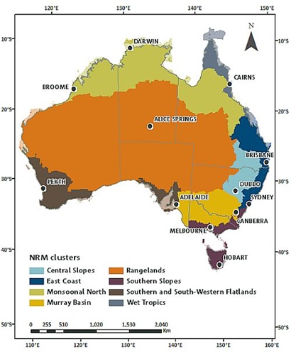 Map of Australia showing eight regions (or clusters) assessed. Capital cities are shown.