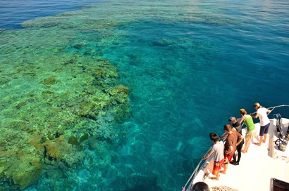 People looking at the Great Barrier Reef from a boat. 
