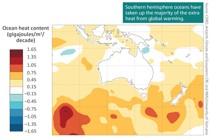 A map showing the estimated linear trend in ocean heat content between 1970 and 2017 in the top 700 m of the ocean.