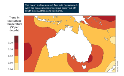 The ocean surface around Australia has warmed, with the greatest ocean warming occurring off south-east Australia and Tasmania. Spatial map of Australian region, which shows trends in mean annual sea surface temperatures from 1950 to 2021. The highest temperature change (0.2 degrees Celsius per decade) appears in the Tasman Sea, and to the east coast of NSW. For a full description of this figure please contact: helpdesk.climate@bom.gov.au