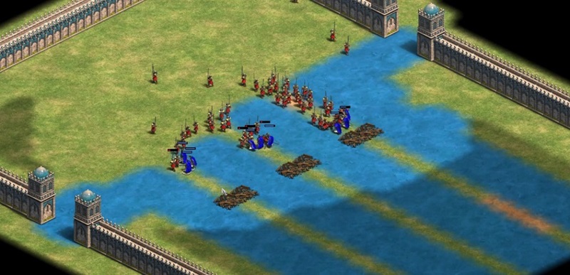 Armies of Swordsmen and Knights face off on a complex battlefield with barriers of water in Age of Empires II