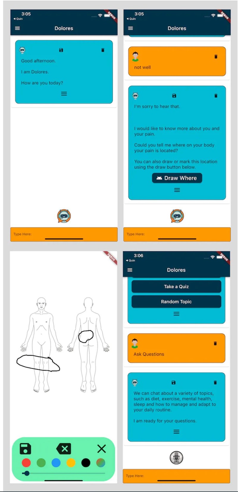 Screenshots showing the Dolores app and drawing canvas. 