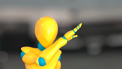 A yellow and blue digital human extends their hand with fingers together