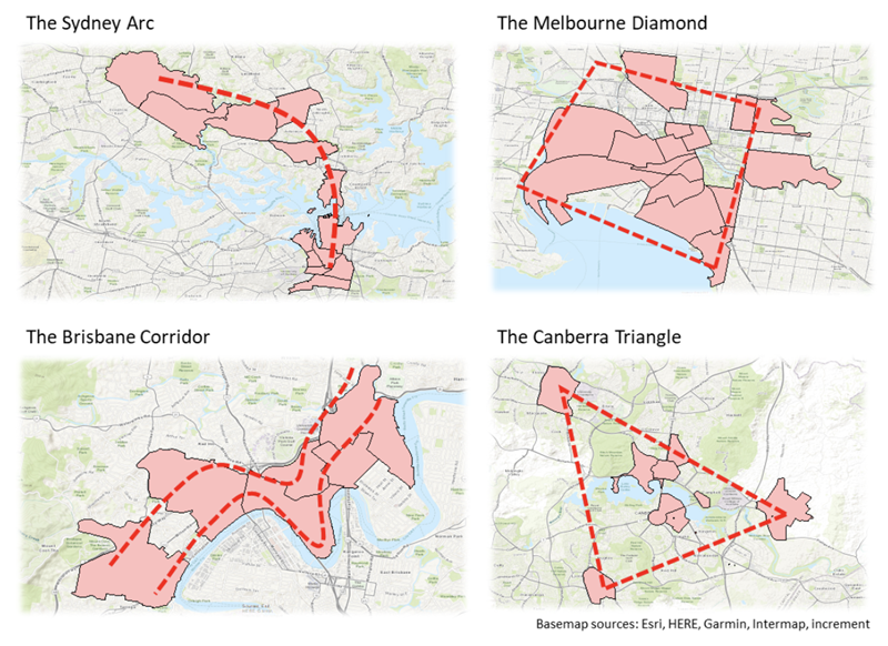 Four maps illustrating from top left - the Sydney Arc, top right - the Melbourne Diamond, bottom left - the Brisbane Corridor and bottom right - the Canberra Triangle