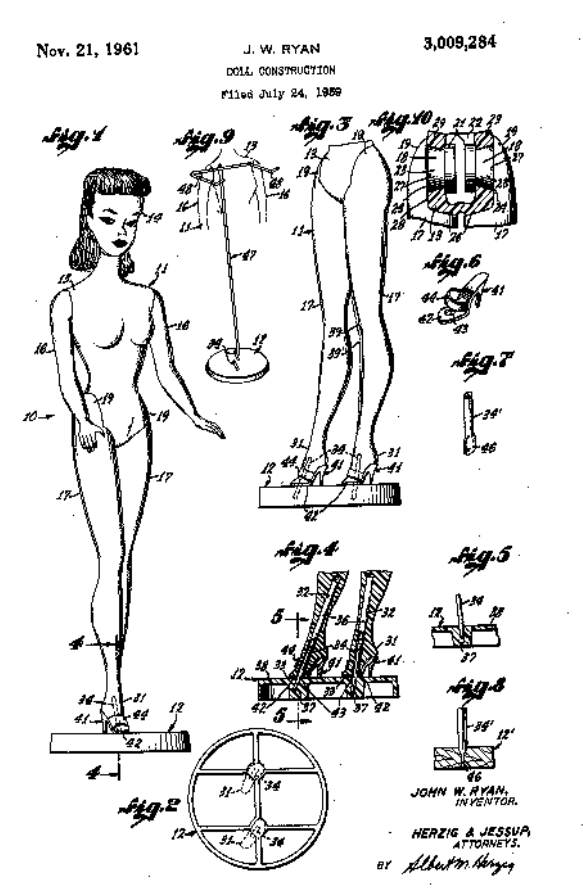 A hand-drawn depiction of Barbie shows parts of the doll's construction with reference to its 1959 patent details. 
