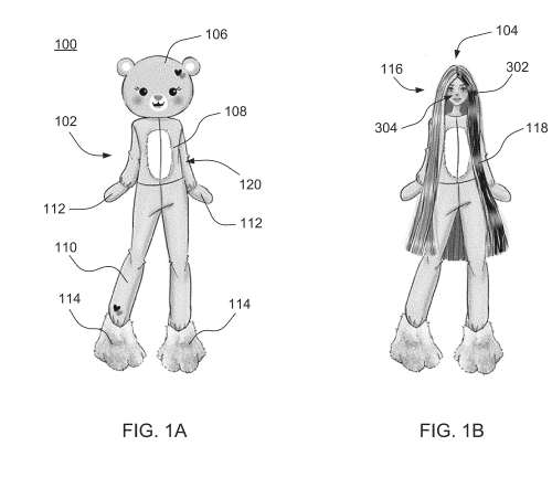 A diagram showing Barbie in a plush animal suit, showing the various parts of the product in relation to its 2023 patent details. 