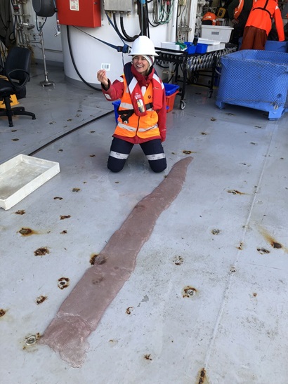 A person kneeling on the ground on a ship next to a long cylindrical cone-shaped creature.