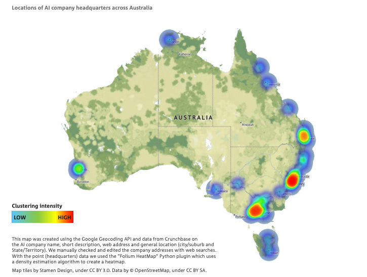 A heatmap of Australia showing eight clusterings on AI companies around Melbourne, Sydney, Brisbane, Perth and Adelaide