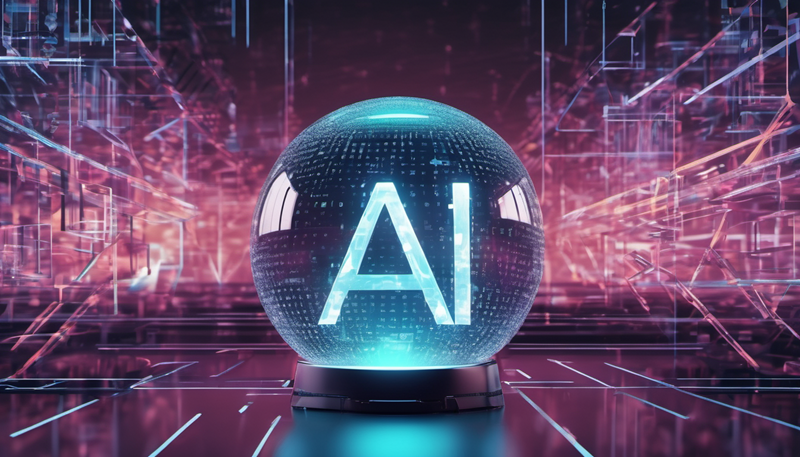 An AI generated image of a crystal ball with the letters AI inside it sitting among a cyber landscape