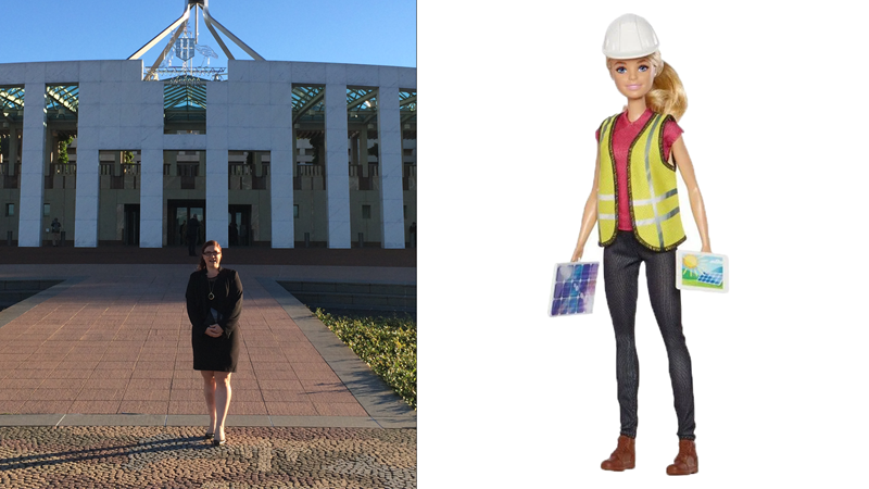 A woman (Kate Cavanagh) standing in front of Parliament house next to an image of the Renewable Energy Engineer Barbie.
