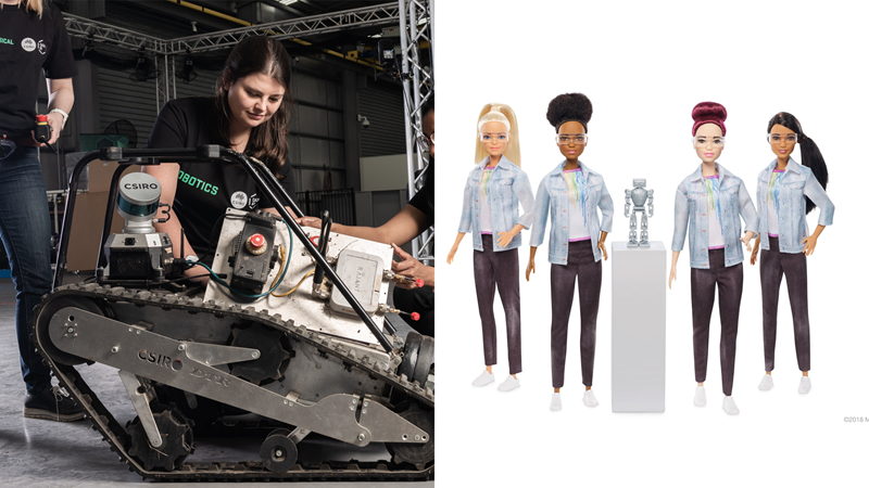 Photo of a woman (Lauren Hanson) working on a CSIRO robot, next to the four 'Robotics Engineer' Barbies.