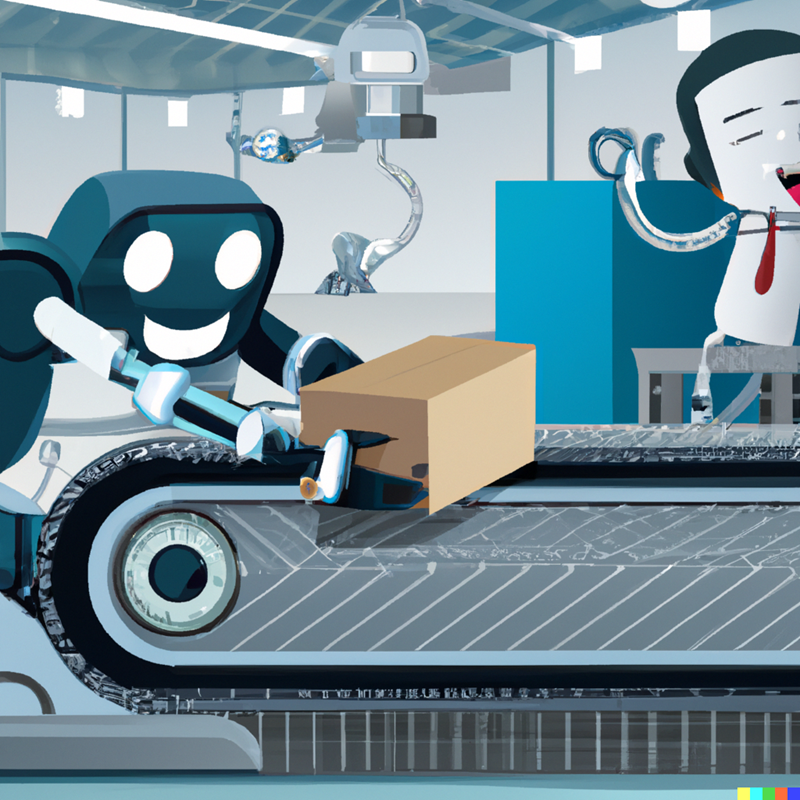 Cartoon image of a humanoid robot and human working happily in a factory together