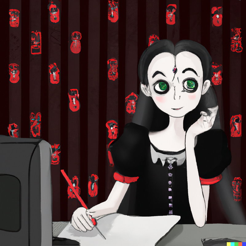 A cartoon image of a young girl in a black dress at at desk writing