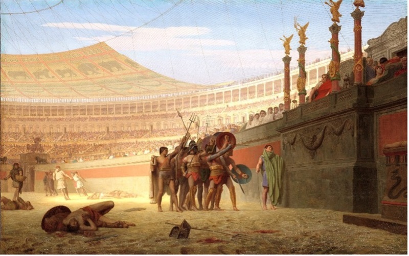 Ave Caesar! Morituri te salutant" by Jean-Léon Gérôme (1859). This historic painting portrays a scene from ancient Rome, depicting a group of gladiators in the Colosseum, standing before Emperor Caesar. The gladiators, dressed in various armor and armed with swords, are positioned in a line, with their heads bowed and hands raised in a salute. The emperor, seated on a grand throne, is surrounded by a group of spectators, including senators and nobles, observing the spectacle. Gérôme captures the tension and anticipation of the moment, as the gladiators, who are about to face their potential demise in combat, pay homage to the ruler. The artist's attention to detail, from the intricate costumes to the architectural elements of the Colosseum, brings the historical setting to life.