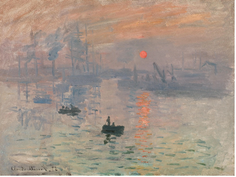"Impression, Sunrise" by Claude Monet, 1872. This iconic artwork is a pivotal piece of the Impressionist movement. It depicts a harbor scene at sunrise, with small boats floating on the water and silhouettes of buildings in the background. The painting is characterized by loose brushstrokes and a vibrant color palette, with the sun's rays creating a hazy glow on the water's surface. Monet's focus on capturing the fleeting effects of light and atmosphere is evident in the blurred forms and the emphasis on capturing the essence of the moment rather than precise details. This piece showcases Monet's innovative approach to painting and his ability to evoke a sense of mood and atmosphere through his brushwork. 