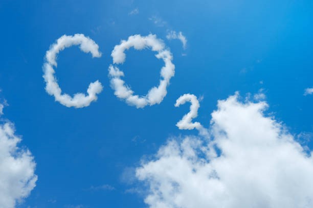 Creative image of blue sky with the symbol CO2 written in the clouds.