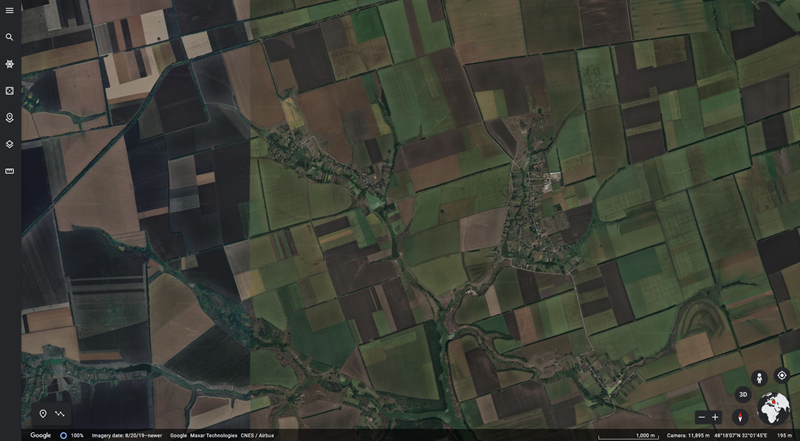A satellite image of farmland in the Ukraine taken from the Google Earth Engine.