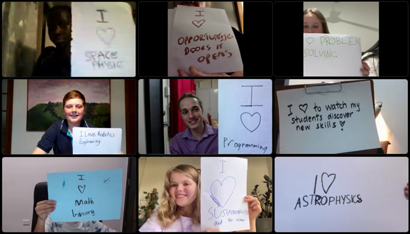 A screenshot of a virtual call with nine young students and supporters (recipients of STEM Together Future Shapers) holding up signs saying what they love about STEM.