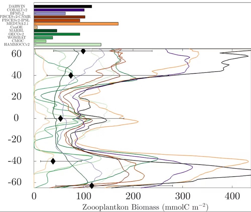 Graph showing differences in prominent models’ estimates of the amount of zooplankton at different latitudes.