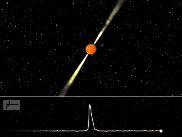 An animated pulsar with light radiating out of it and a wave form below it representing the rhythmic sound it makes.