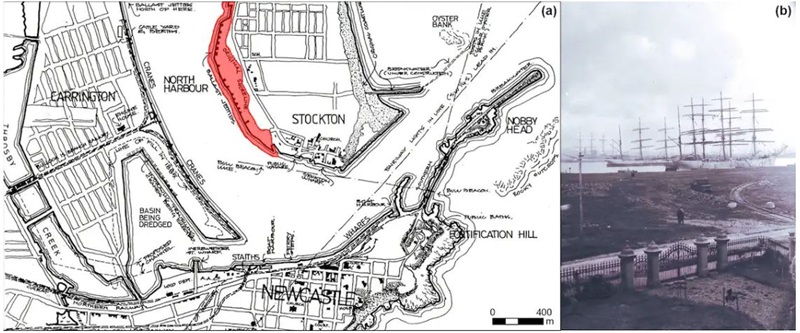 Map of harbour and inset photo of docked sailing ships