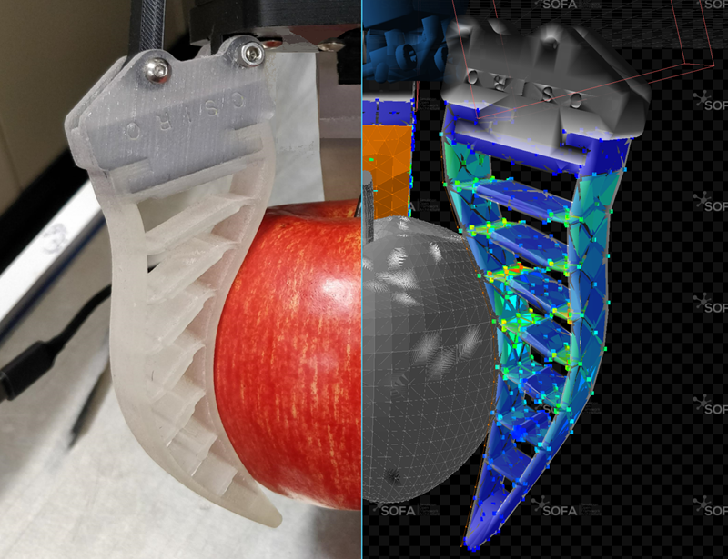 Half of the image (right) shows the computerised design of a silicone gripper holding an apple, on the left is the 3D printed version of the gripper holding a real apple.