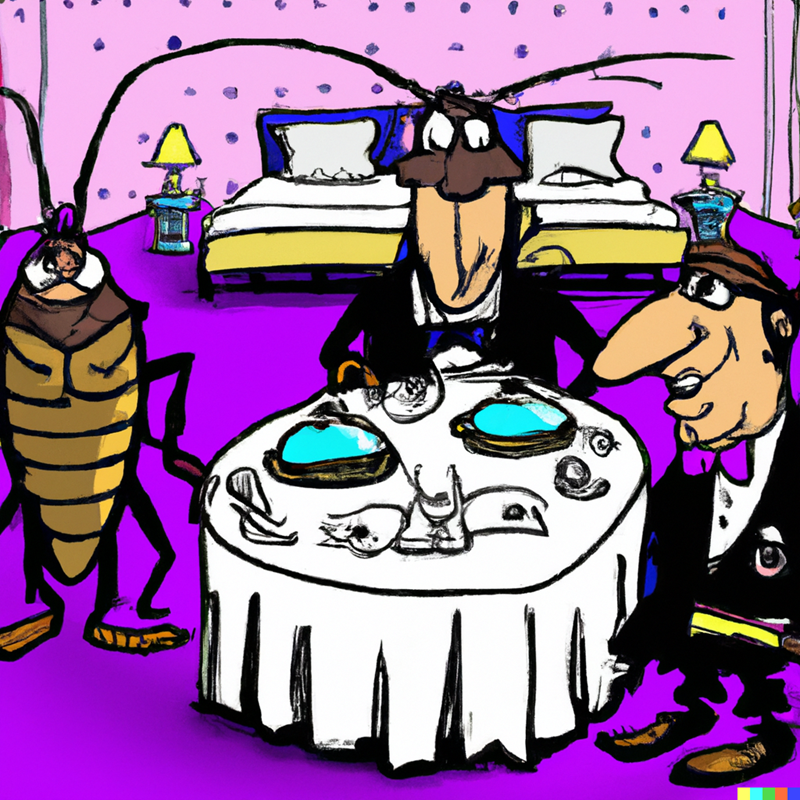 Two cockroaches serve a man at a fancy hotel.