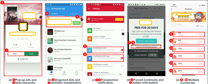 Screenshots of common apps that contain deceptive patterns, including pop-up ads, disguised ads and preselection.