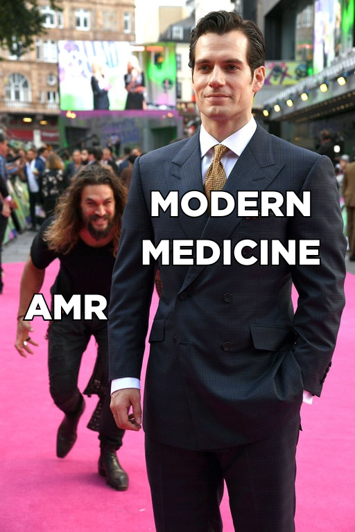 Jason Momoa as AMR stalking Henry Cavill as Modern Medicine meme