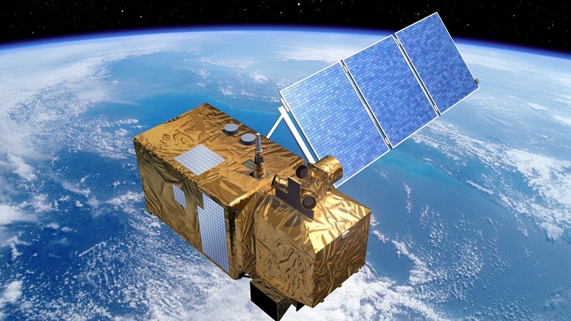 Artist illustration of a Sentinel-2, a gold rectangular satellite with solar panels and sensors, in orbit over Earth.