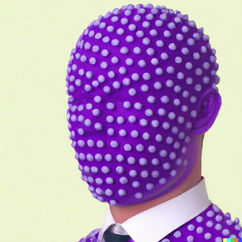 A businessman who is covered in purple and white dots.