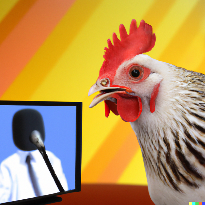 Chicken is interviewed on TV with microphone obscuring another TV.