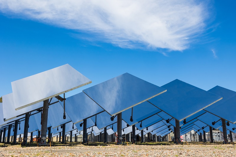 Closeup of mirrors facing the sun at CSIRO's solar thermal research facility.