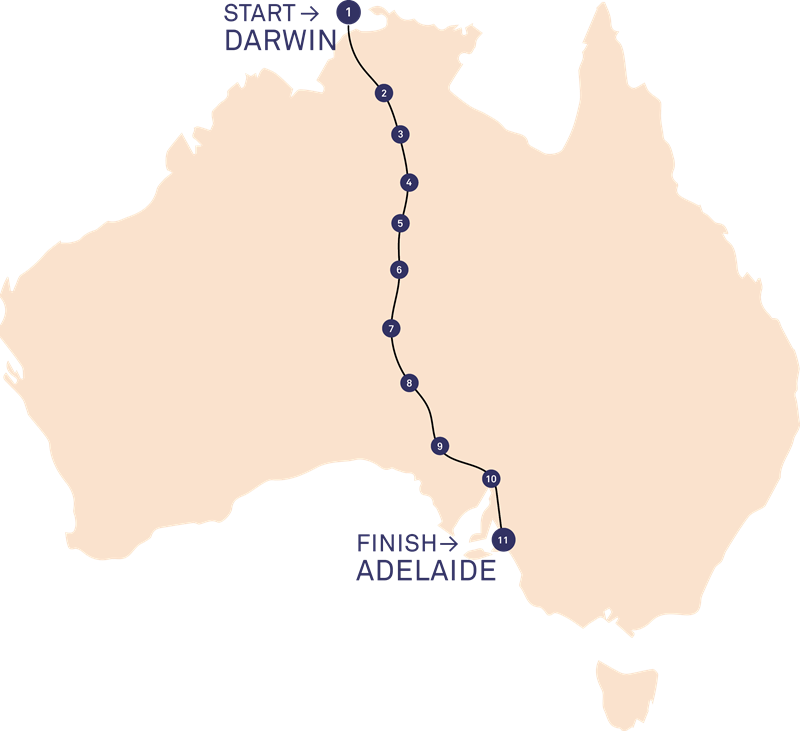 Map of Australia showing the Bridgestone World Solar Challenge event route from Darwin to Adelaide.