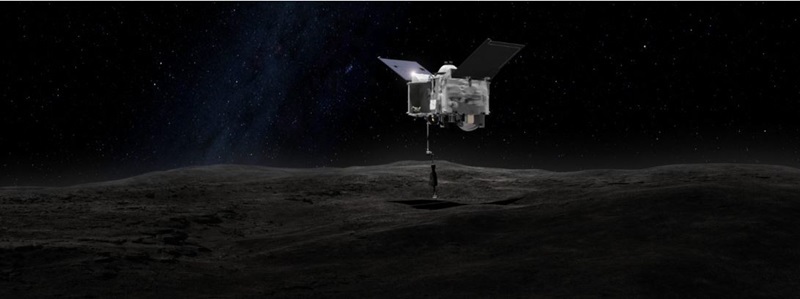 This artist's concept shows the OSIRIS-REx spacecraft contacting the asteroid Bennu with the Touch-And-Go Sample Arm Mechanism or TAGSAM.