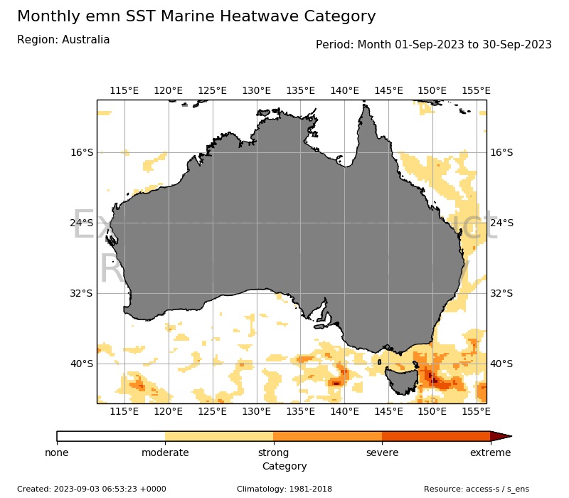 Researchers use seasonal forecasts of ocean temperature to produce prototype marine heatwave outlooks. The slide shows an experimental marine heatwave forecast for September 2023, which was presented to the fisheries sector. It shows higher sea temperatures on the east coast of Australia and around Tasmania.