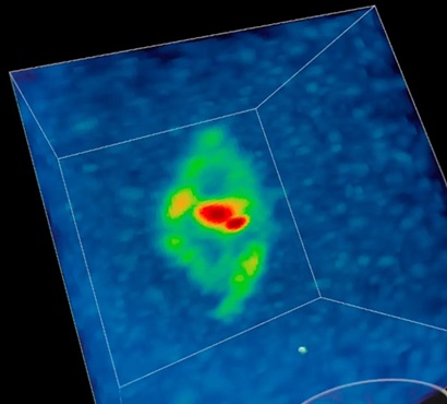 A screenshot of a data cube showing the hydrogen gas in and around the galaxy NGC 4632.