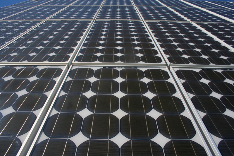 Close up view of solar cells on panels