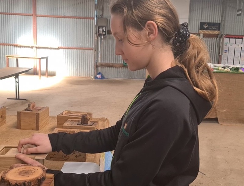 Young Indigenous woman is in a workshop working with wood.