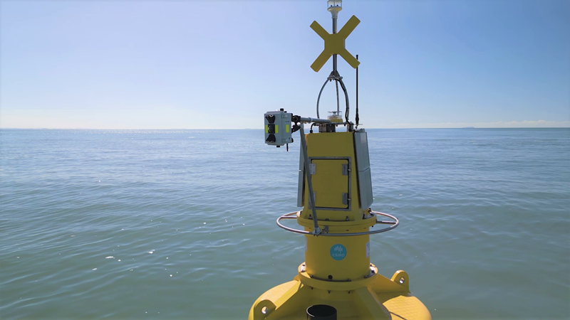 HydraSpectra water sensor mounted on a buoy on Darumbal Sea Country in Keppel Bay with ocean background.
