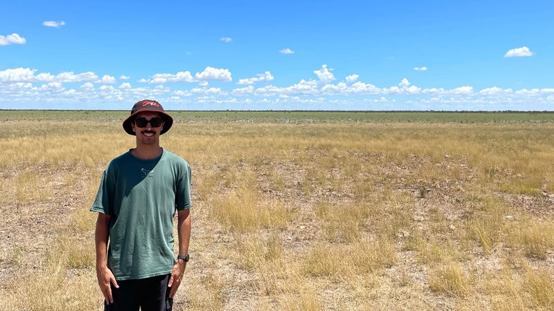 Max Fabila standing at the dry Narran Lakes. 