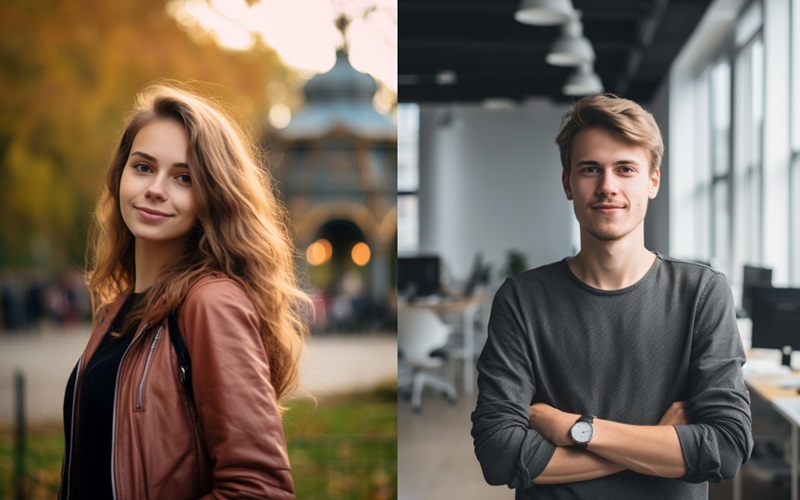 Two realistic AI-generated portraits of people, one the left a person with feminine features and on the right, a person with masculine features. 