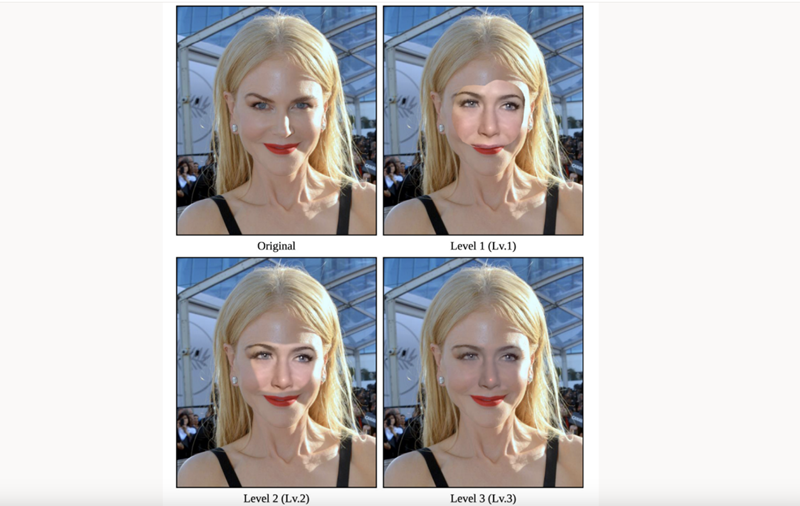 Four images show four stages of creating a deepfake with a source image of Nicole Kidman, and new section of an image of Jennifer Anniston. Fig. 2. Three quality levels of creating images: Lv.1 is cropped and pasted, Lv.2 is cropped, pasted, and smoothed edges, and Lv.3 is cropped, pasted, smoothed edges, and adjusted color and light levels.