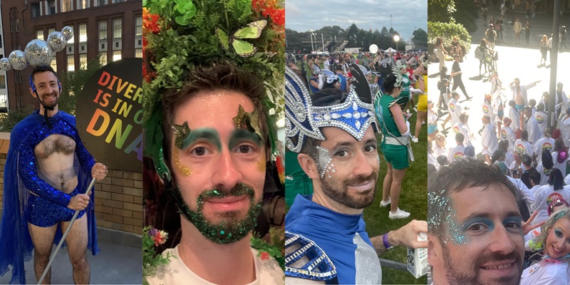 Four pictures of the same man in different Mardi Gras costumes over the years.