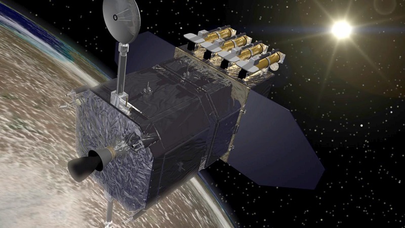 An artist's impression of the Solar Dynamics Observatory, a small spacecraft orbiting the Earth.  He appears in the picture pointing towards the sun.