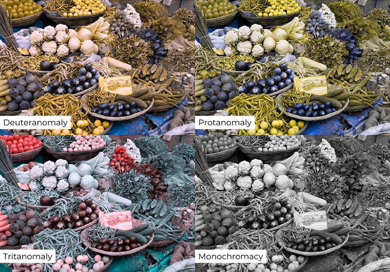 Same image of coloured vegetables depicting simulated examples of how it would appear for four types of colour vision deficiency.