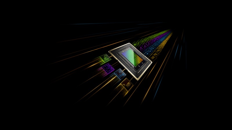 An image showcasing the architecture of an NVIDIA graphics processing unit (GPU). The GPU die is visible at the center with an array of processing cores highlighted in green and yellow, surrounded by black on-chip memory modules.